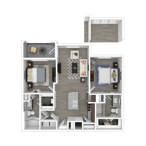 A 3D floor plan of a small apartment with a living room, kitchen, and bedroom.